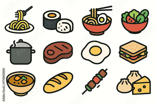 Assorted icon set: pasta, sushi, noodles, salad, steak, egg, sandwich, soup, bread, skewer, dumplings, cheese