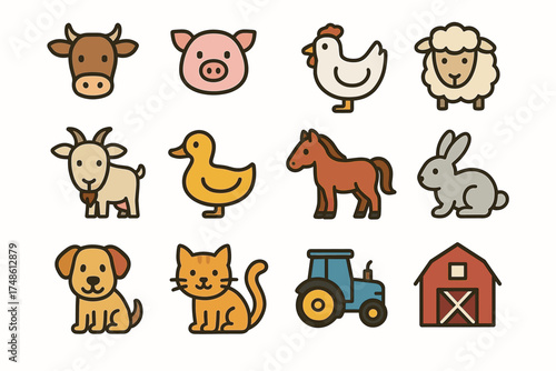 Cartoon farm animals and tractor in barnyard setting