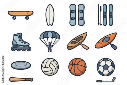 Assorted sports equipment: skateboard, surfboard, skis, parachute, kayak, skating, balls, bat