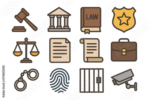 Law and justice icon set featuring symbols of legal system and security