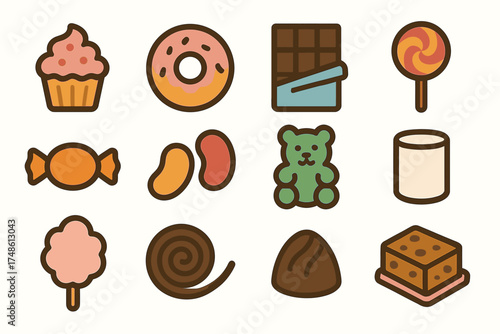 Sweet treats: cupcake, donut, chocolate, candy, lollipop icons