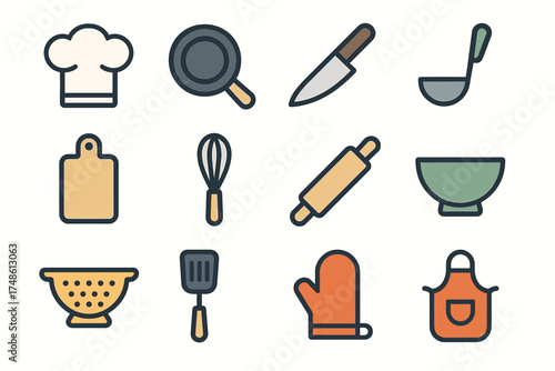 Colorful kitchen utensils set: whisk, knife, cutting board, and more icons