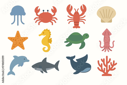 Colorful marine creatures collection: seahorse, shark, and more