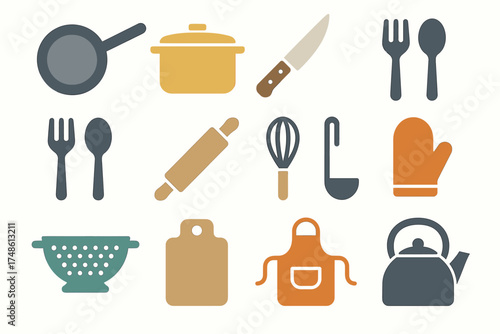 Colorful kitchen utensils icon set featuring pots, pans, and cutlery