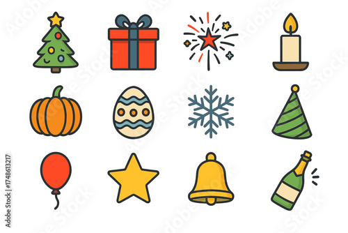 Festive icons: tree, gift, firework, candle, pumpkin, egg, snowflake, hat, balloon, star, bell, bottle
