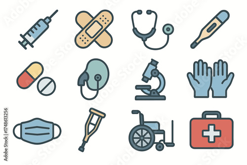 Medical equipment icons: syringe, bandages, stethoscope, thermometer, pills, microscope