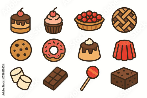Collection of delicious cartoon desserts including cake, cupcake, pie, cookie, donut, and candy