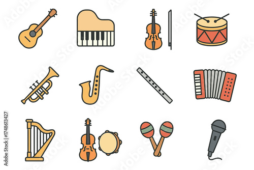 Illustrations of diverse musical instruments: guitar, piano, violin, drum, trumpet, saxophone