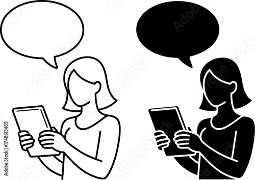 Vector art of two women with speech bubbles holding a tablet