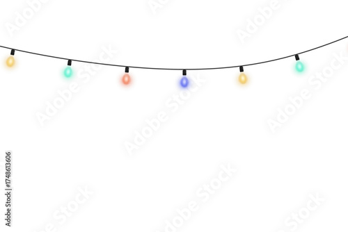 Glowing multicolor Christmas light garland, isolated vector illustration with realistic bulbs, suitable for holiday cards, banners, and modern winter decorative backgrounds.