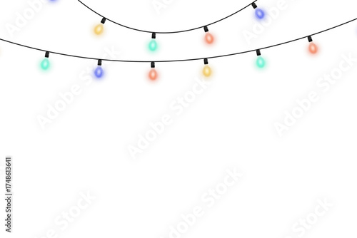 Glowing multicolor Christmas light garland, isolated vector illustration with realistic bulbs, suitable for holiday cards, banners, and modern winter decorative backgrounds.