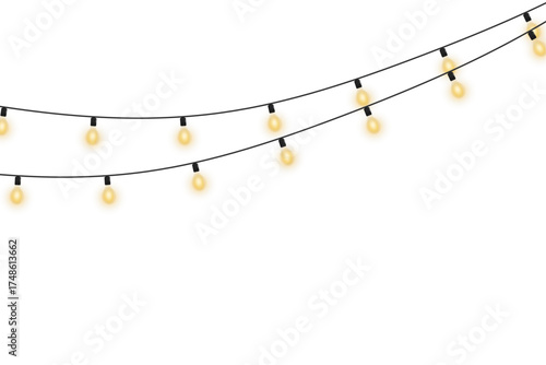 Golden Christmas garland lights shining softly, isolated on transparent background, ideal for elegant New Year posters, celebration layouts, and cozy decorative compositions.
