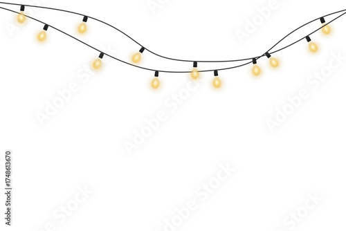 Christmas light garland glowing with warm golden bulbs, isolated on transparent background, perfect for festive winter decoration, elegant New Year design, and cozy holiday celebration banners.