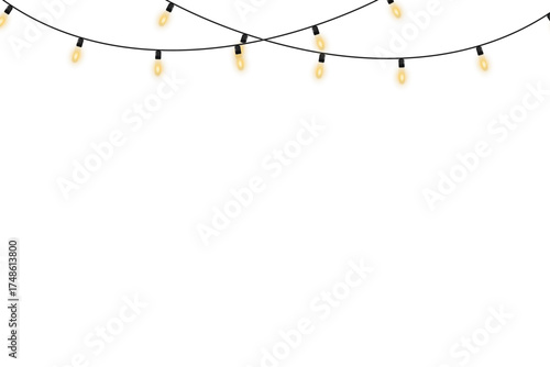 Decorative warm light garland with glowing bulbs, isolated on transparent background, ideal for holiday celebrations, wedding decor, New Year parties, Christmas banners, and elegant event invitations.