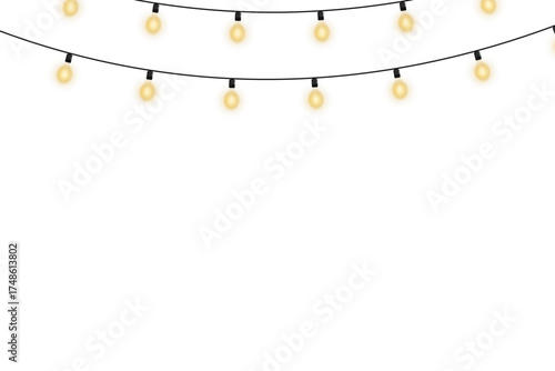 Warm white glowing string lights isolated on transparent background, perfect for Christmas, New Year, wedding, and birthday decorations, banners, greeting cards, festive parties, and elegant holiday d