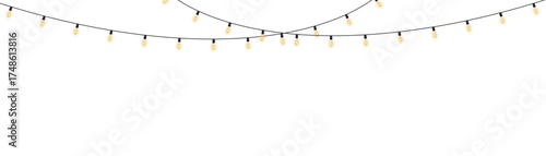 Decorative warm light garland with glowing bulbs, isolated on transparent background, ideal for holiday celebrations, wedding decor, New Year parties, Christmas banners, and elegant event invitations.