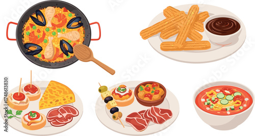Assortment of spanish dishes: paella, churros, tapas, and gazpacho on transparent background