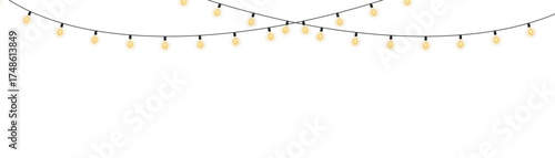 Decorative glowing yellow string lights with sparkles, realistic festive garland for Christmas, New Year, and party designs, isolated vector for banners, cards, winter backgrounds, and event celebrati