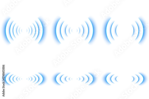 Vector blue sonar waves with circular radar rings and sound pulse patterns. Abstract concentric signal design showing audio vibration, echo reflection, and sound frequency for technology illustration.