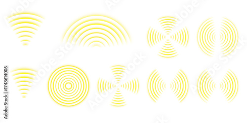 Abstract yellow radar pattern with concentric rings. Signal pulse icon set visualizing frequency, sonar, and sound reflection for futuristic tech and digital design concepts.