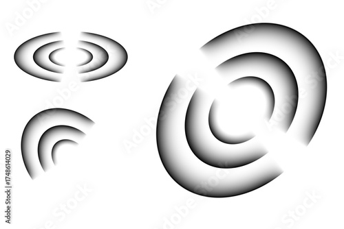 Radar icons and circular wave patterns in vector format. Black and white concentric frequency rings symbolizing sonar, pulse, signal, and modern communication network design elements.