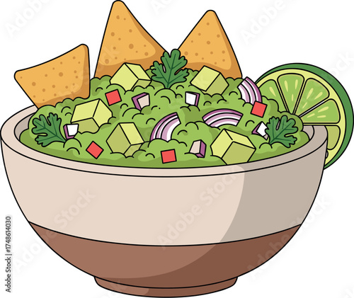 Bowl of guacamole with tortilla chips and lime slice on transparent background