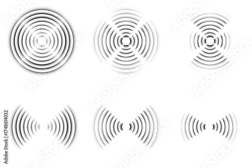 Vector illustration of radar and sonar waves with editable strokes. Isolated black circular signals showing pulse, sound frequency, and transmission for digital design and tech backgrounds.