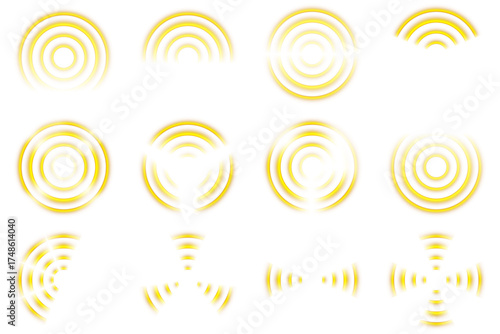 Yellow radar waves and concentric rings on transparent background. Abstract vector circular signal pattern symbolizing sound, pulse, and vibration for technology, science, or communication design.