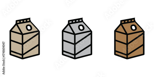 Set of three stylized food carton or milk box icons in different colors and variations. Ideal for projects related to groceries, dairy, food packaging, organic products, or breakfast items.