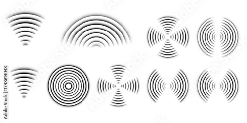 Monochrome radar icons with circular wave patterns and sonar rings. Digital pulse symbols and vibration elements for signal scanning, frequency analysis, and communication technology visualization.