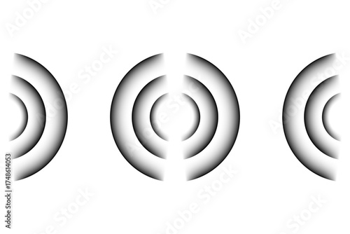 Abstract radar waves and sonar signal elements. Vector black and white circular patterns representing frequency, pulse, vibration, and wireless technology background for modern communication.