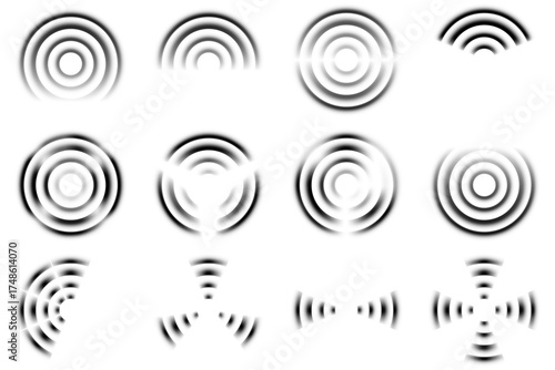 Black and white radar wave icons with circular rings and sonar signals. Abstract concentric frequency pattern design for technology, sound detection, communication, and signal transmission concepts.