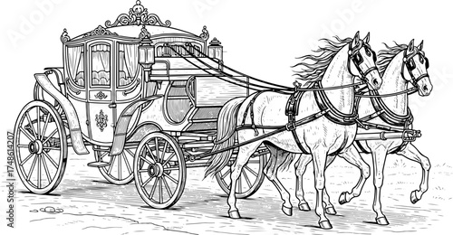An ornate horse-drawn carriage with two horses, showcasing intricate details and design.