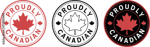 Vector art of three proudly canadian maple leaf stamps, in red, black and white colors
