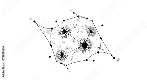 Abstract network of interconnected nodes and lines forming a complex structure on a white background