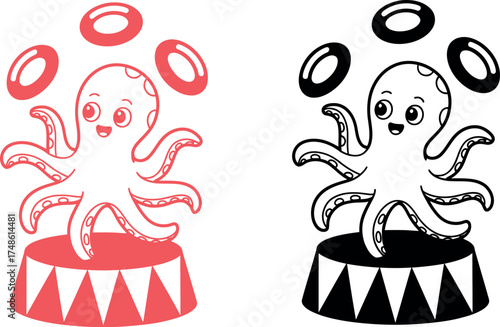 Vector art of two cute cartoon octopus juggling rings, in red and black colors