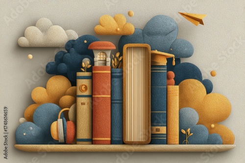 Illustrated shelf with books, headphones, and whimsical cloudlike shapes