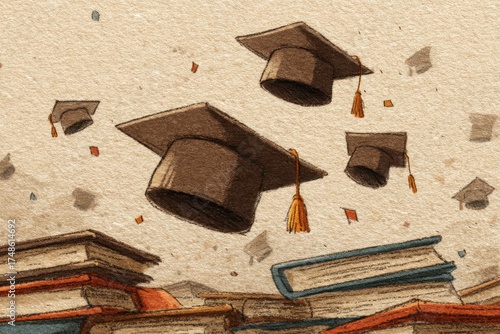 Illustration of graduation caps flying amidst books and confetti
