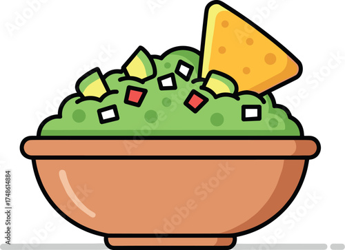 Cartoon illustration of guacamole in a bowl with a tortilla chip on transparent background