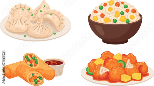 Assorted asian dishes: dumplings, fried rice, spring rolls, and sweet and sour chicken on transparent background