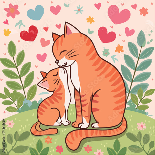 Doodle of a mother cat licking her kitten’s head