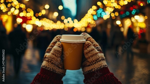 woman holding mug with mulled wine or hot chocolate at christmas market