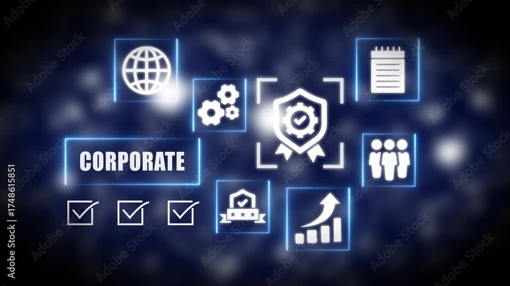 Corporate business success strategy global operations teamwork quality assurance growth metrics and planning icons on dark blue background with neon blue outlines
