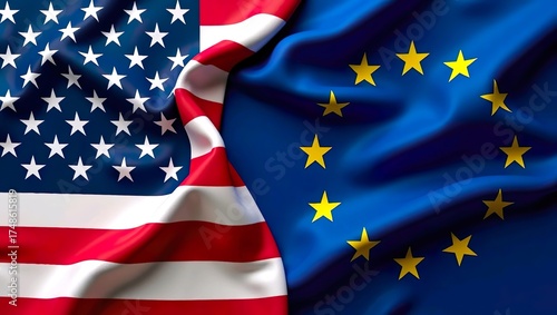 The United States and European Union flags intertwined together.