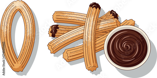 Churros with chocolate dipping sauce on white background on transparent background