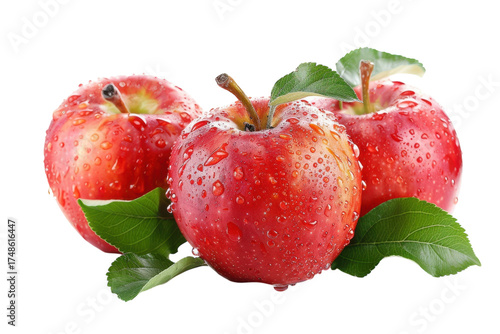 Freshly picked red apples glistening with dew on a white background inviting a refreshing bite
