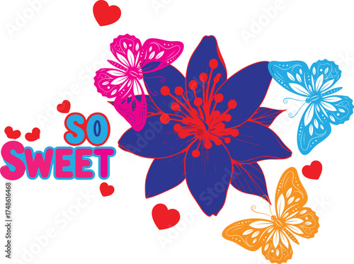 Colorful Butterflies Flower Hearts So Sweet Vector