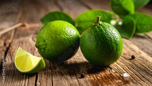 Fototapeta Naklejka Na Ścianę i Meble -  A close-up image displays vibrant green citrus fruits and a slice on rustic wooden planks, accented by leaves and peppercorns