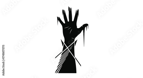 Abstract dark silhouette of a decaying hand reaching upwards with dripping elements and geometric lines.
