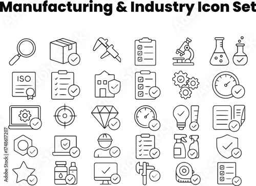 Editable quality control icon set — factory inspection outline